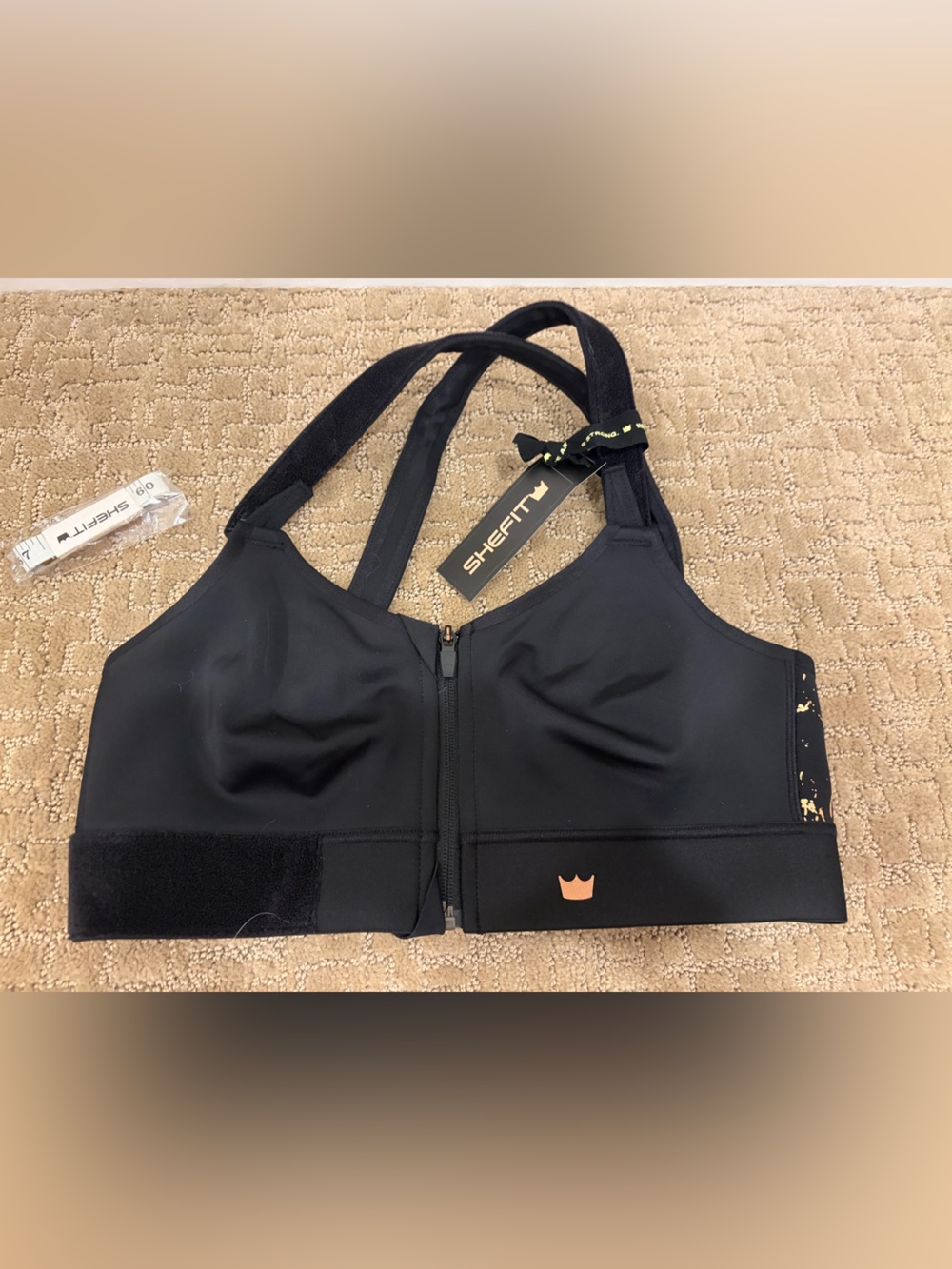 NWT She fit Black Front-Zip Support Sports Bra Size Luxe
